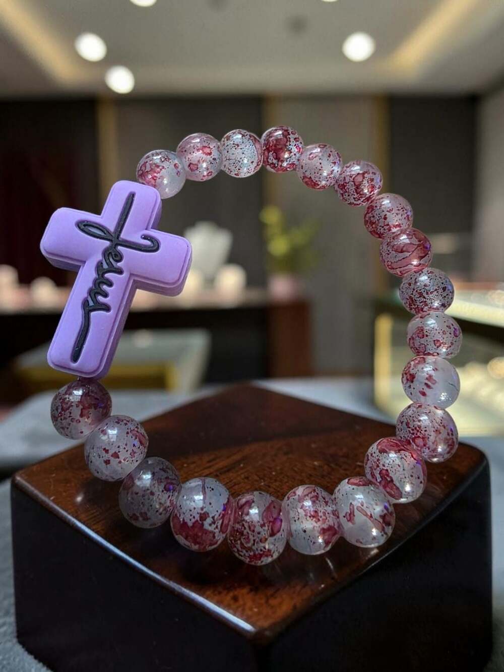 Lilac Jesus Cross Focal Bead Bracelet  Splatter Effect Beads